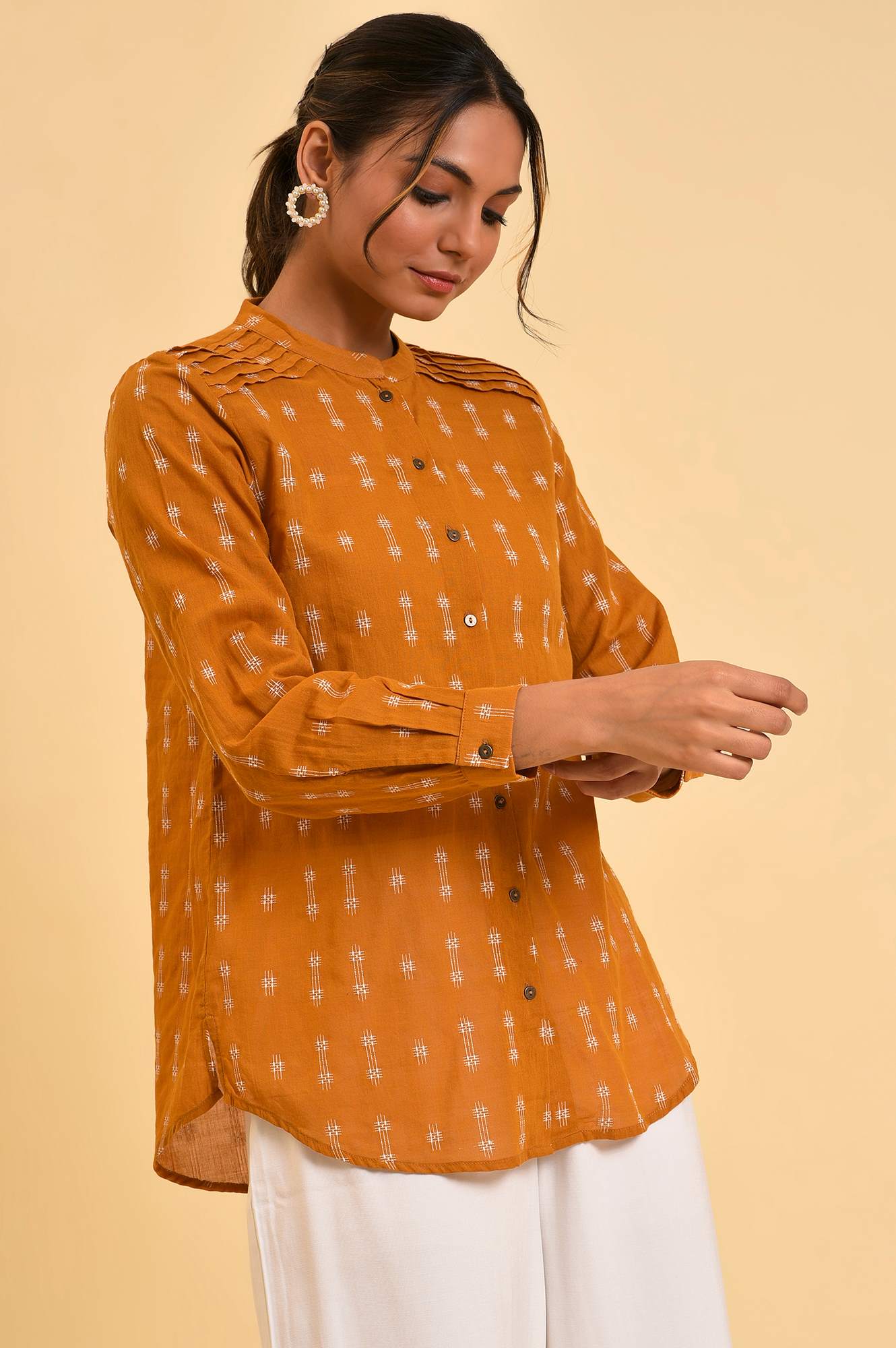 Mustard Dobby Textured Top With Pintucks