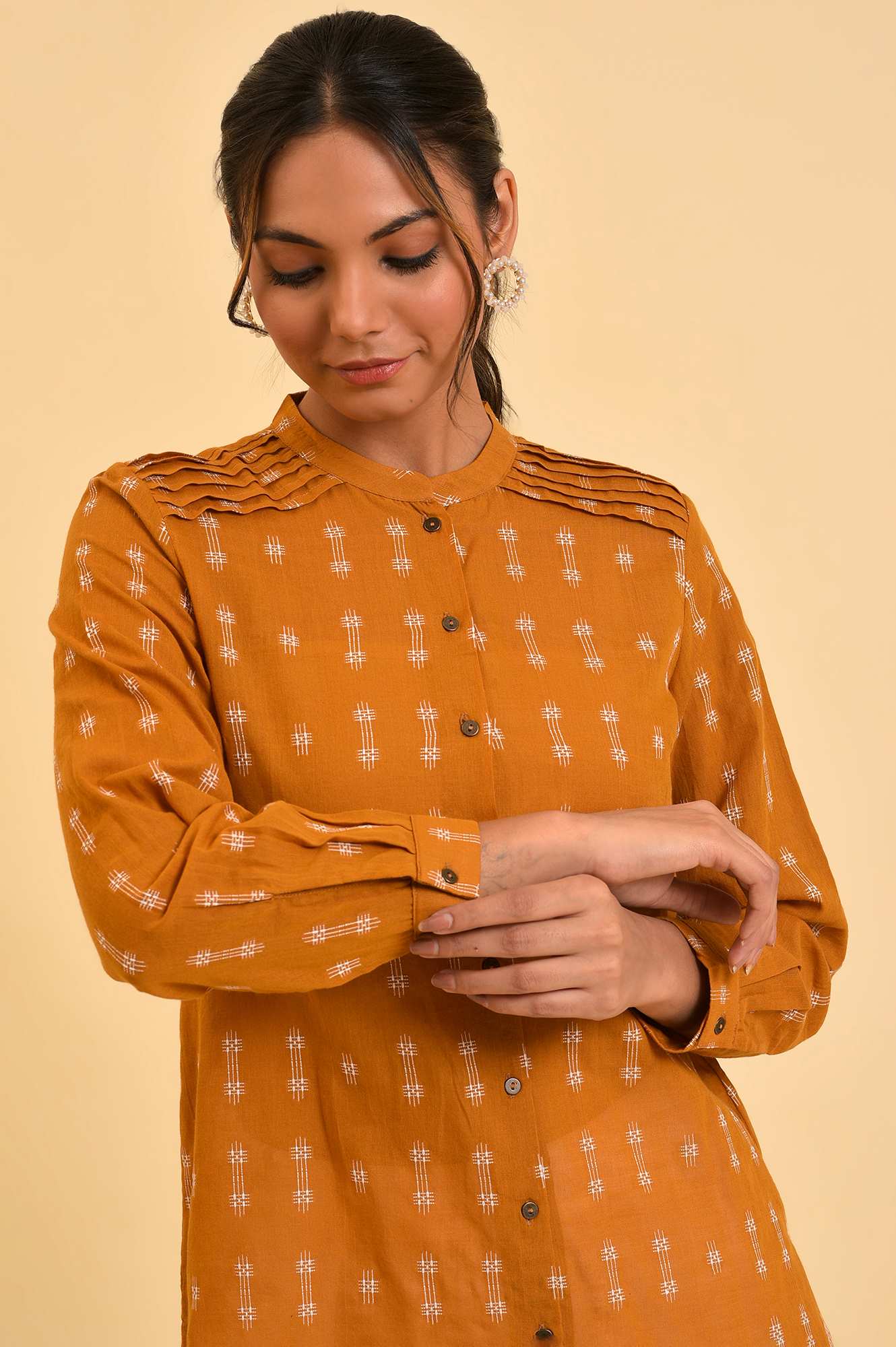 Mustard Dobby Textured Top With Pintucks