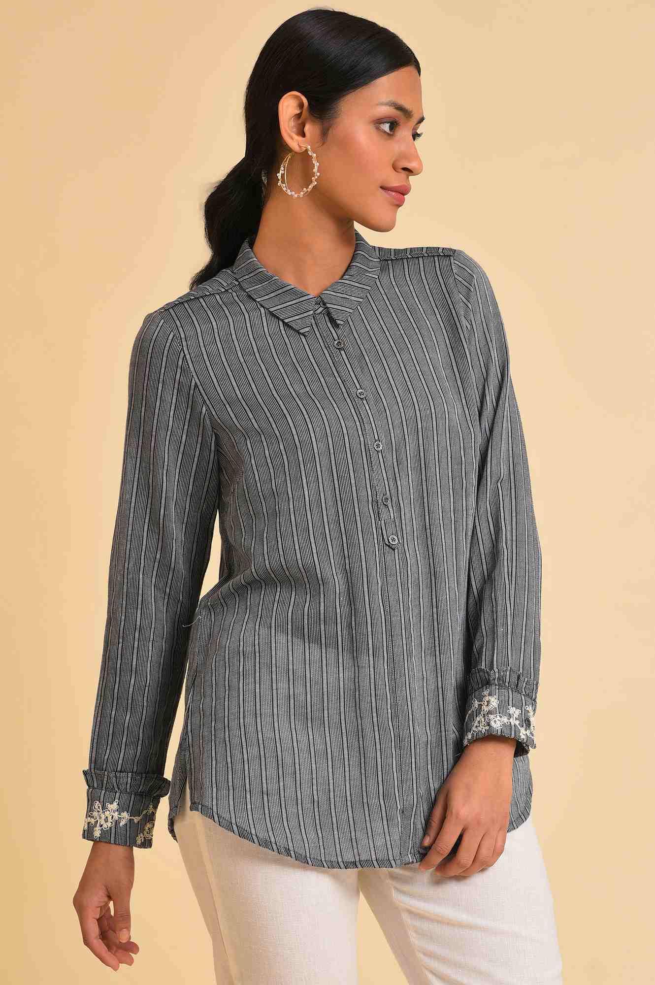 Grey Yarn Dyed Stripe Shirt - wforwoman