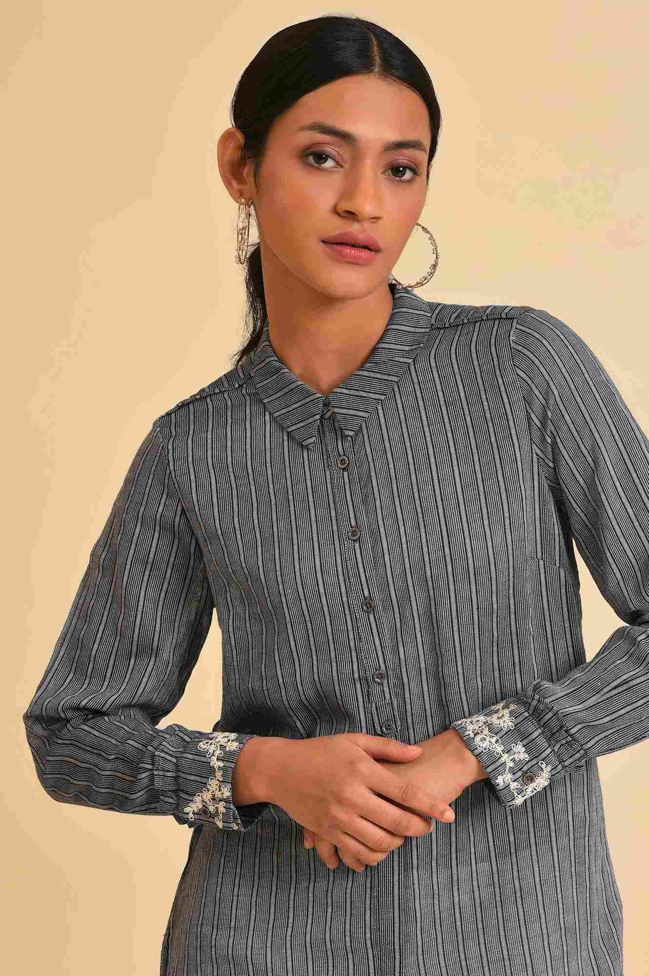 Grey Yarn Dyed Stripe Shirt - wforwoman