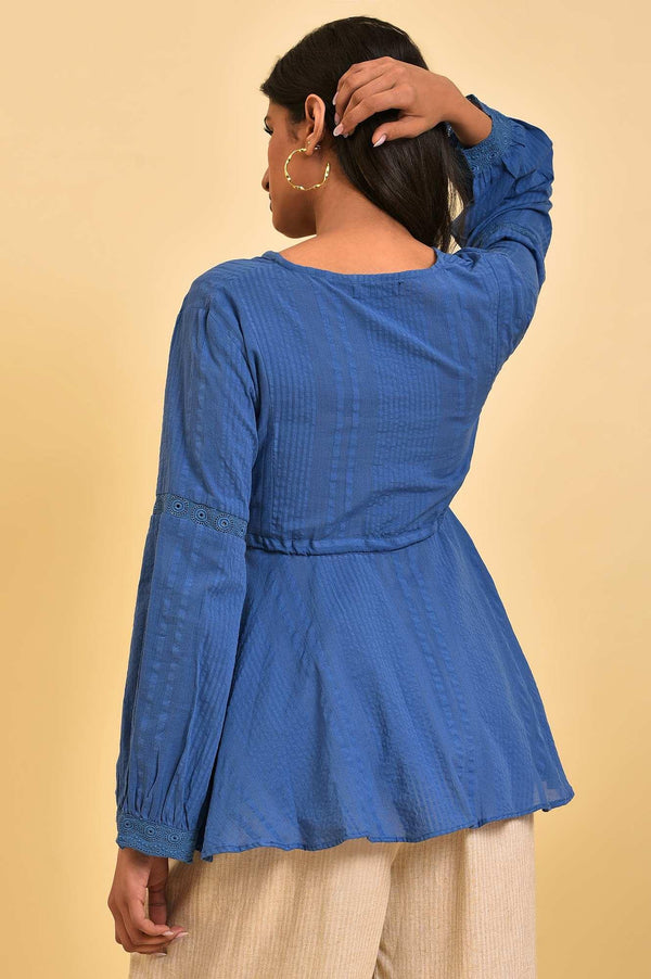 Blue Textured Cotton Western Peplum Top