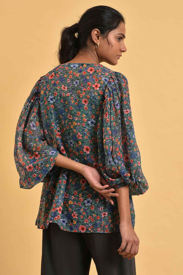 Green Floral Printed Georgette Top with Puffy Sleeves