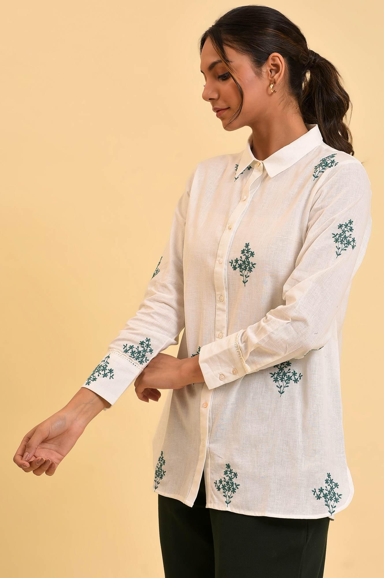 Ecru Floral Embroidered Women Shirt - wforwoman
