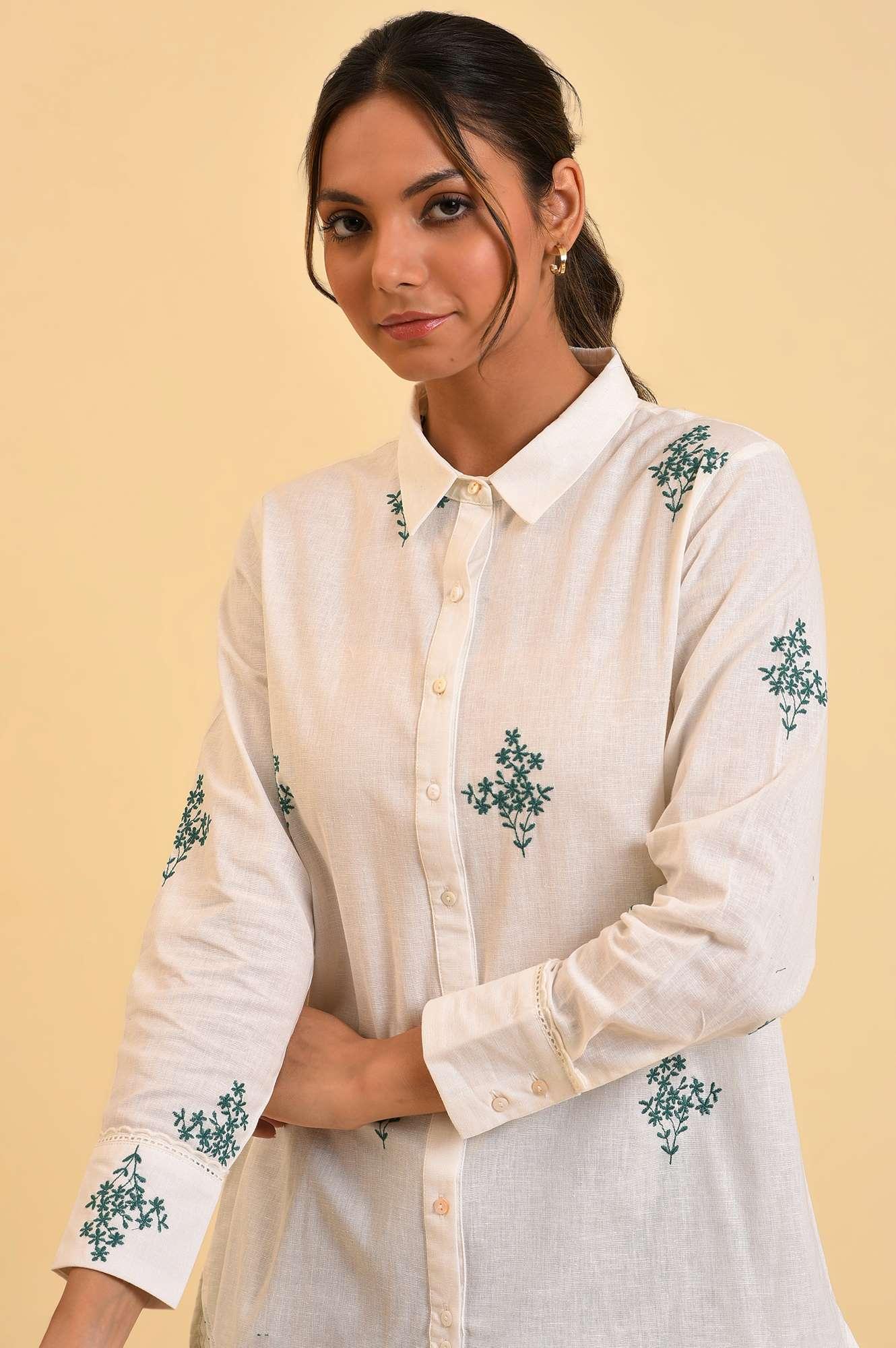 Ecru Floral Embroidered Women Shirt - wforwoman