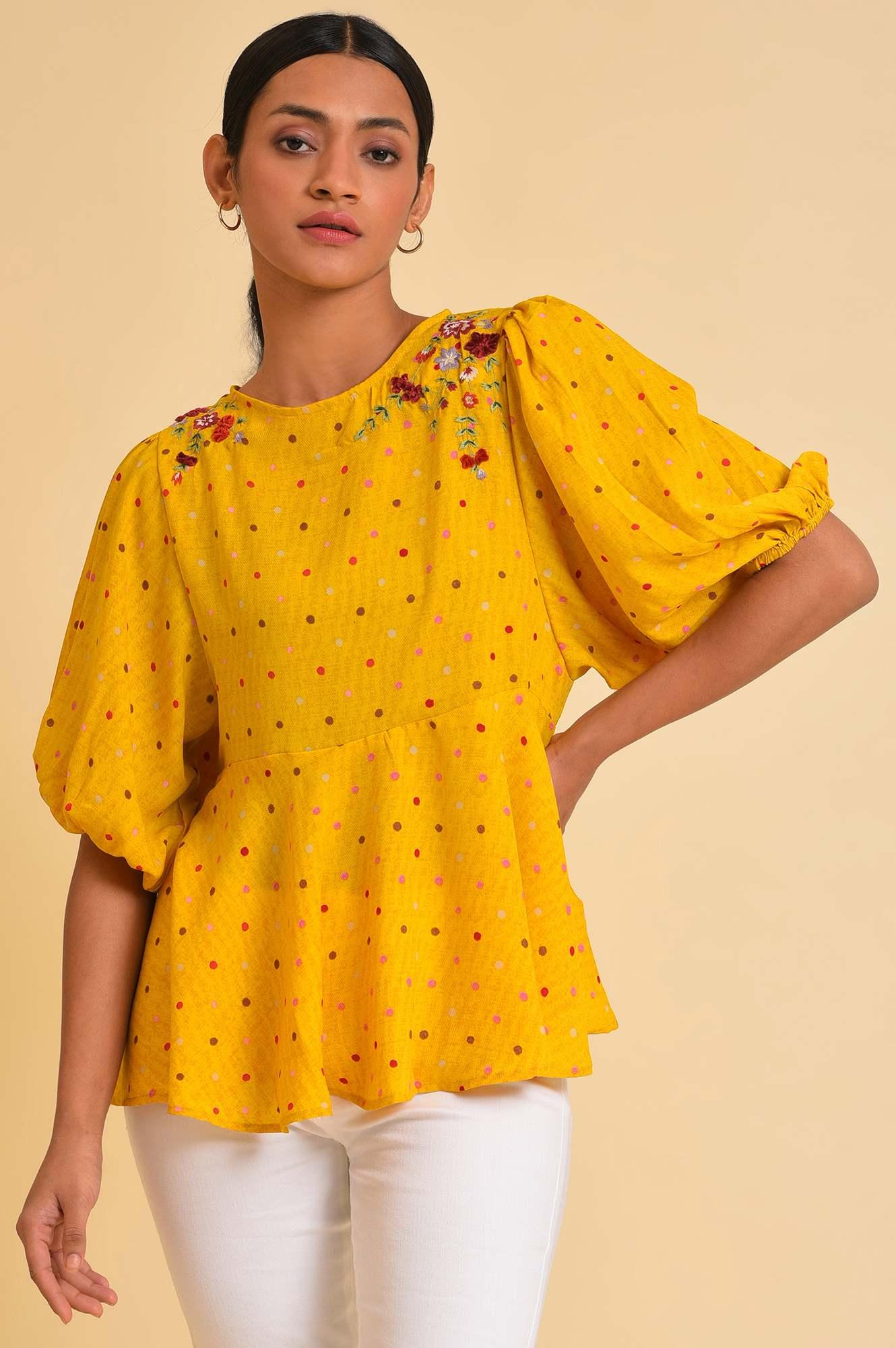 Yellow Embroidered Peplum Top - wforwoman