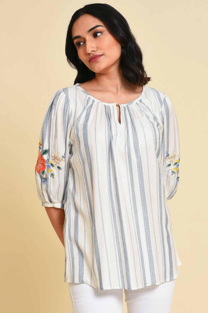 White And Blue Embroidered Top - wforwoman