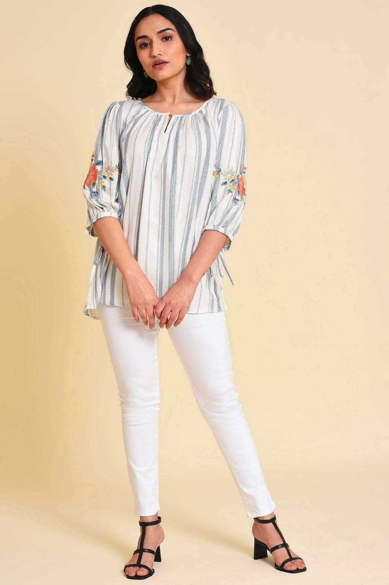 White And Blue Embroidered Top - wforwoman