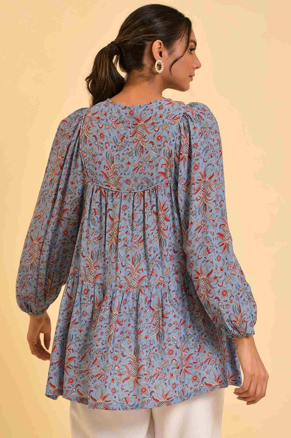 Blue Floral Printed A-Line Top