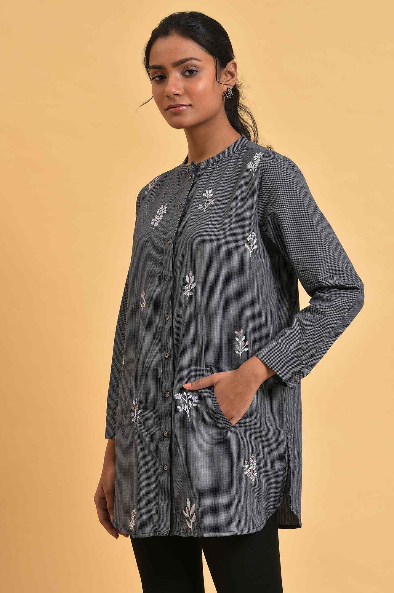 Grey Checker Embroidered Western Tunic - wforwoman