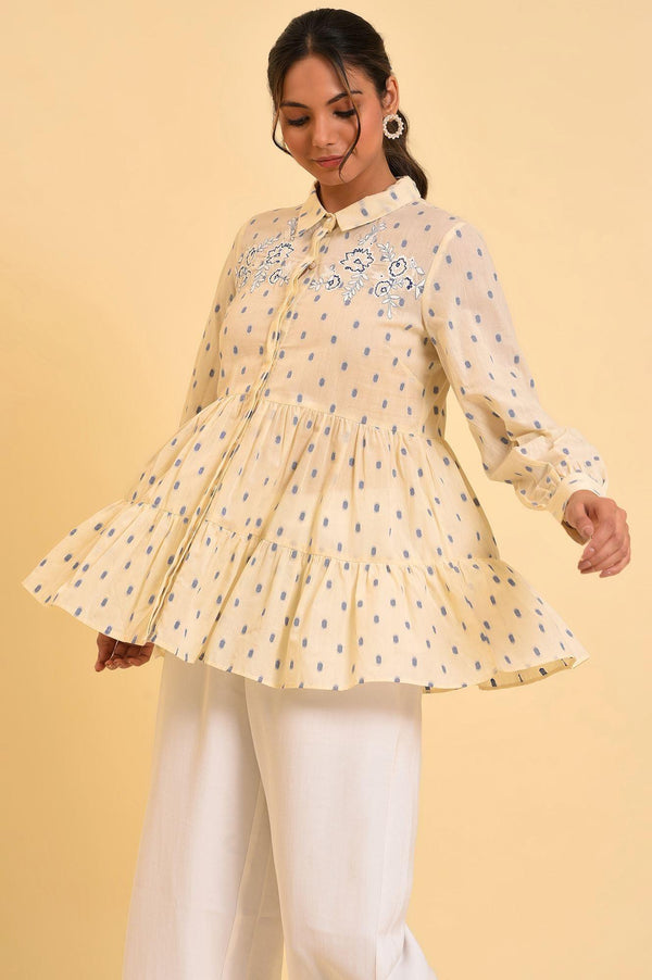 Biege Cotton Textured Top With Embroidery