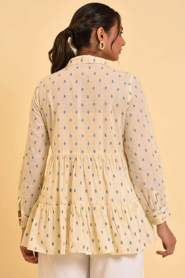 Biege Cotton Textured Top With Embroidery