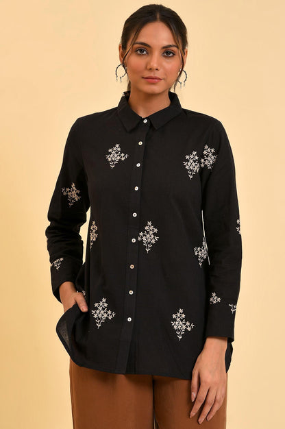 Black Floral Embroidered Women Shirt - wforwoman