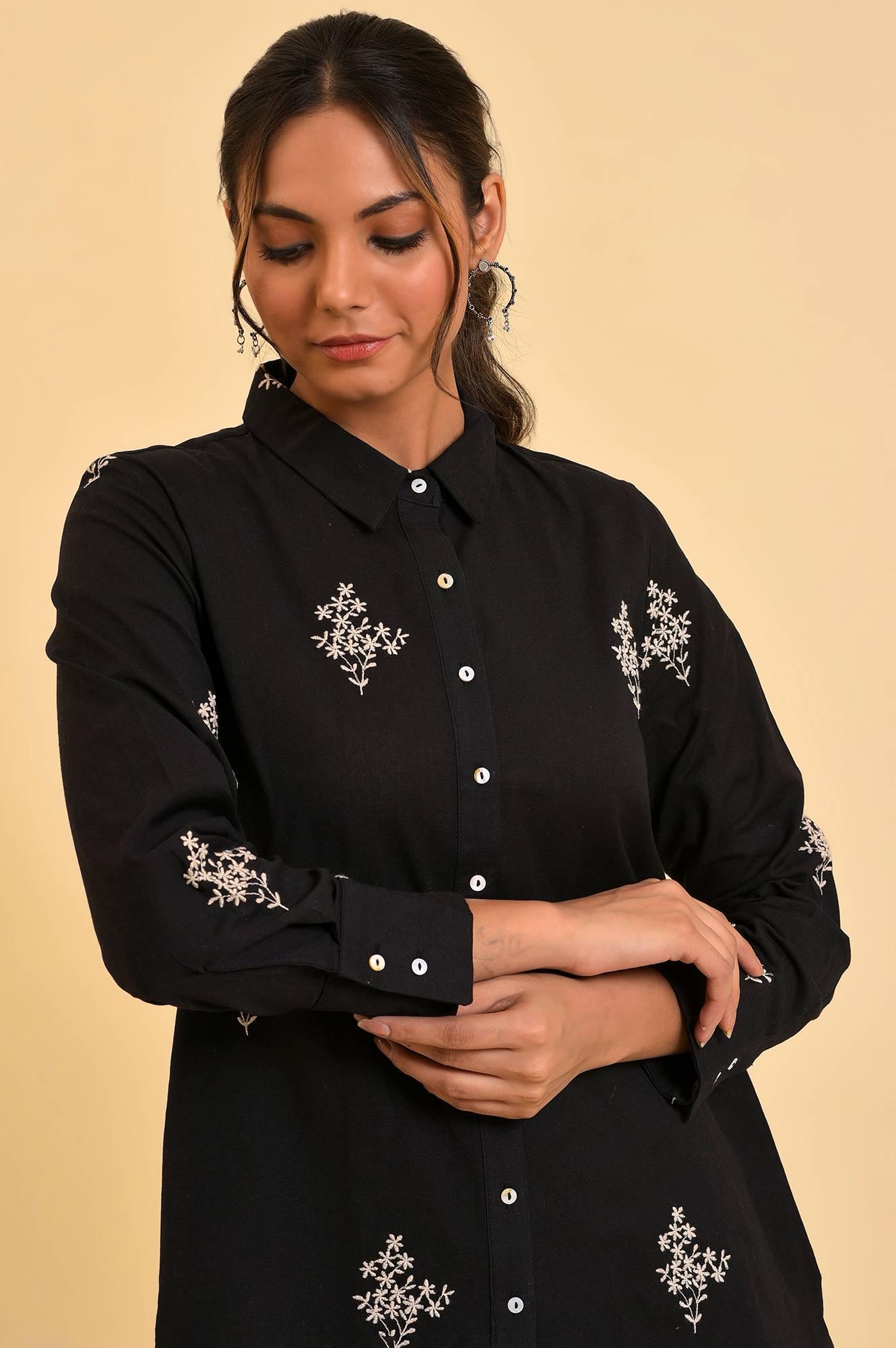 Black Floral Embroidered Women Shirt - wforwoman