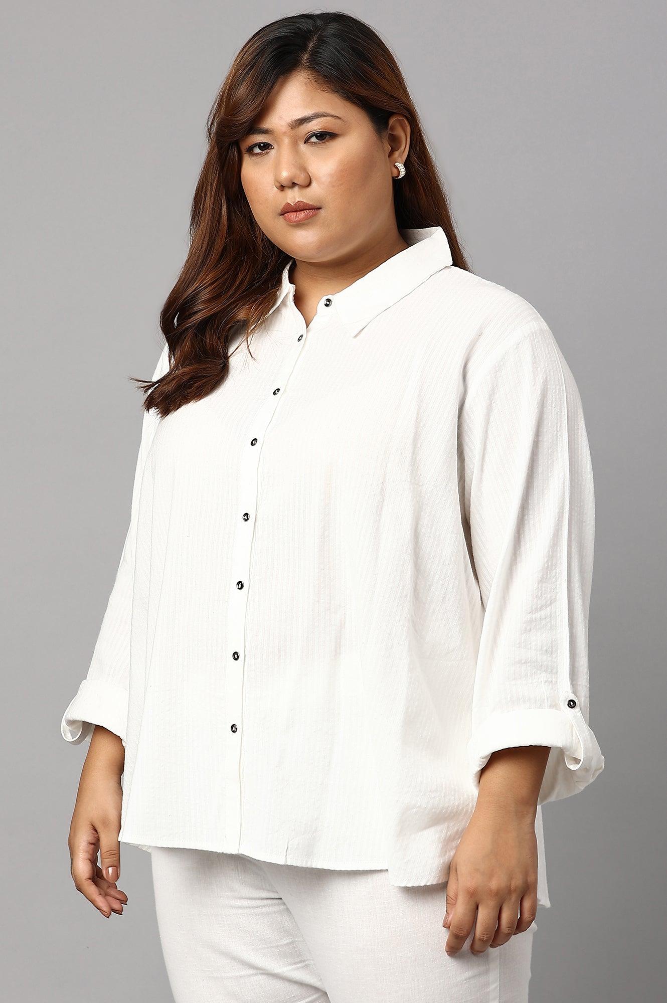 Ecru Shirt Collar Plus Size Top - wforwoman