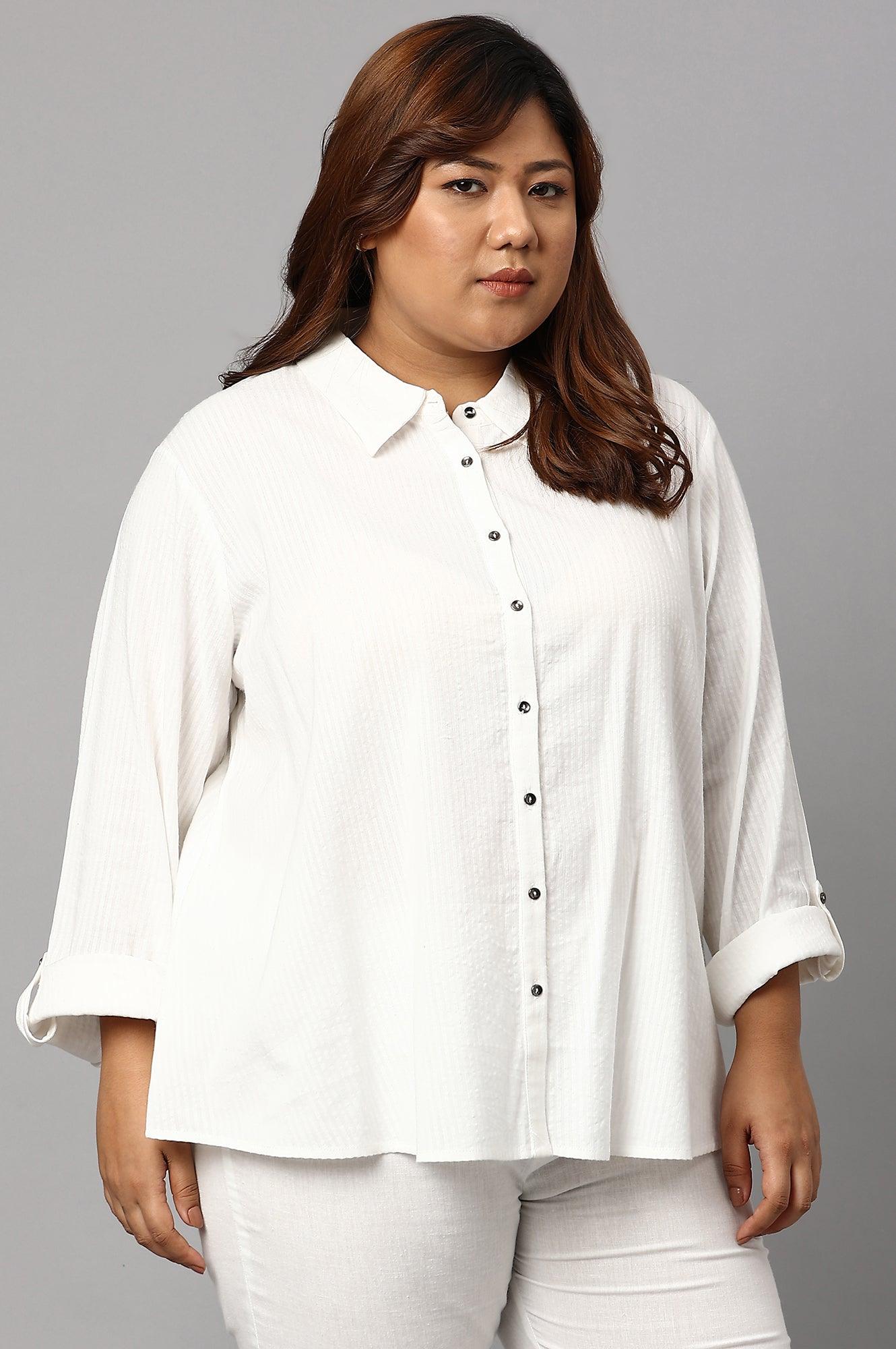 Ecru Shirt Collar Plus Size Top - wforwoman