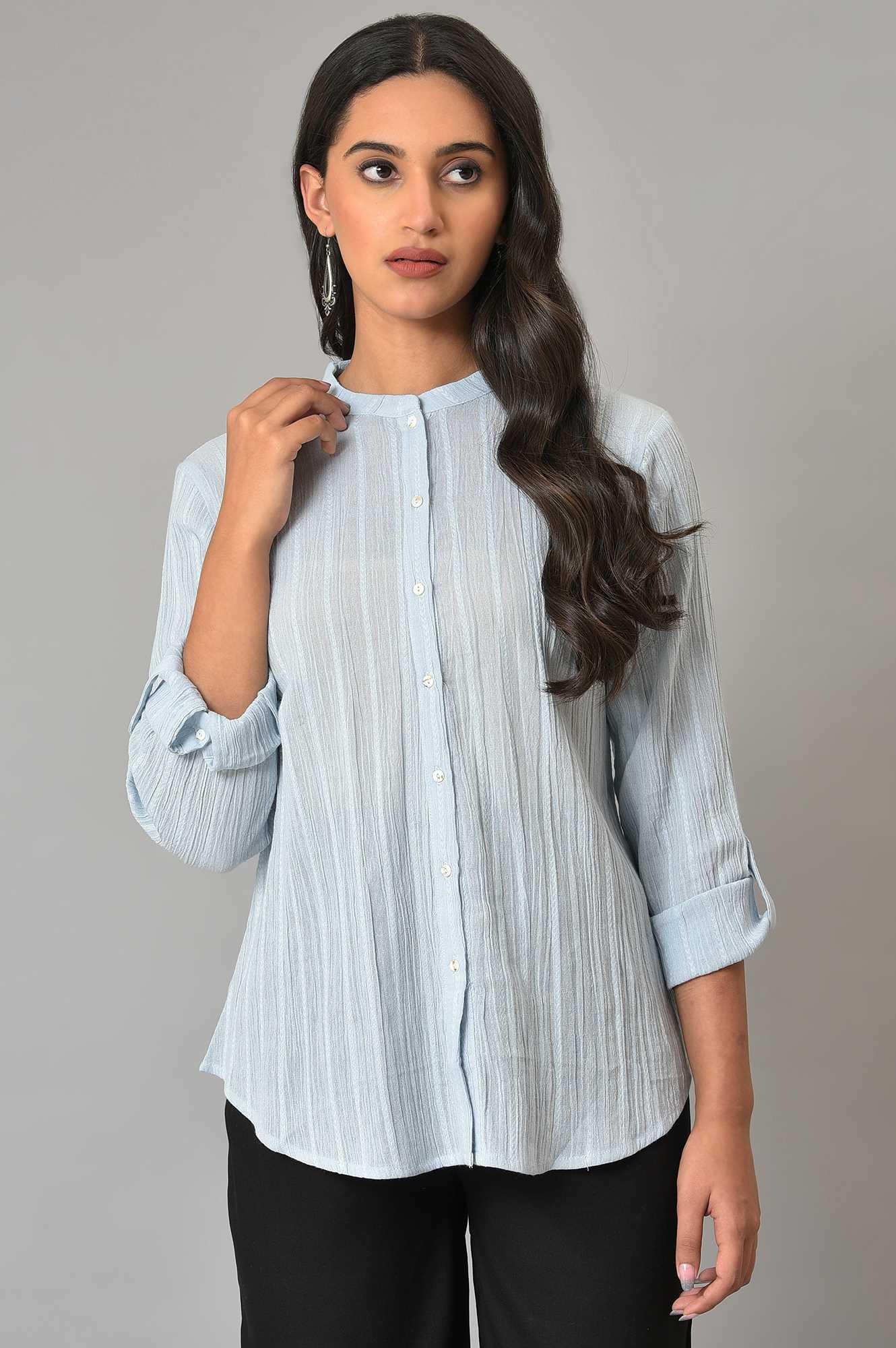 Light Blue Mandarin Collar Top - wforwoman