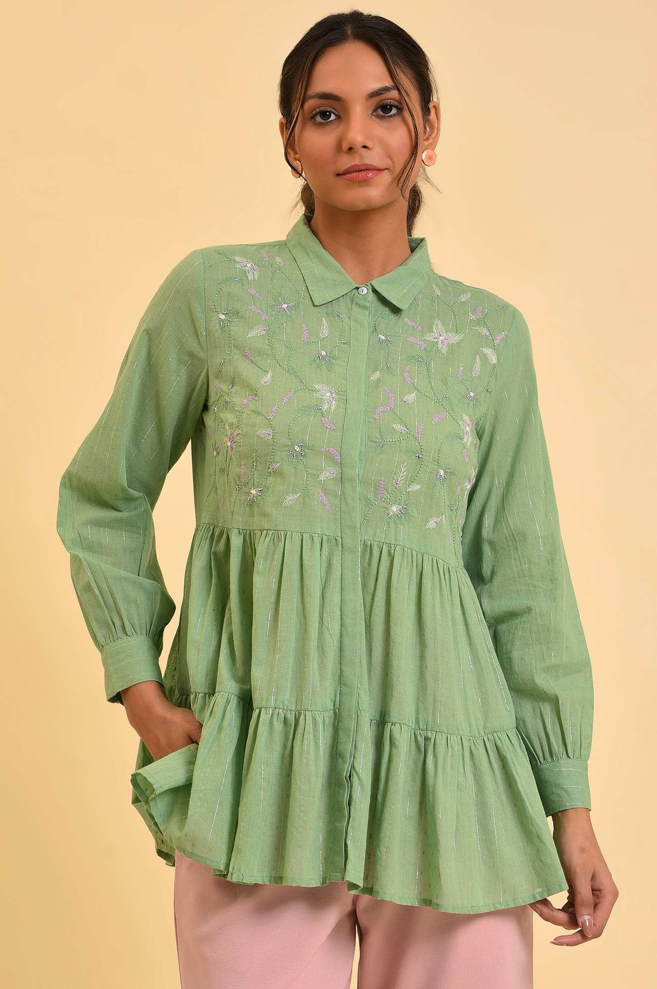 Green Lurex Stripes Embroidered Tiered Top - wforwoman