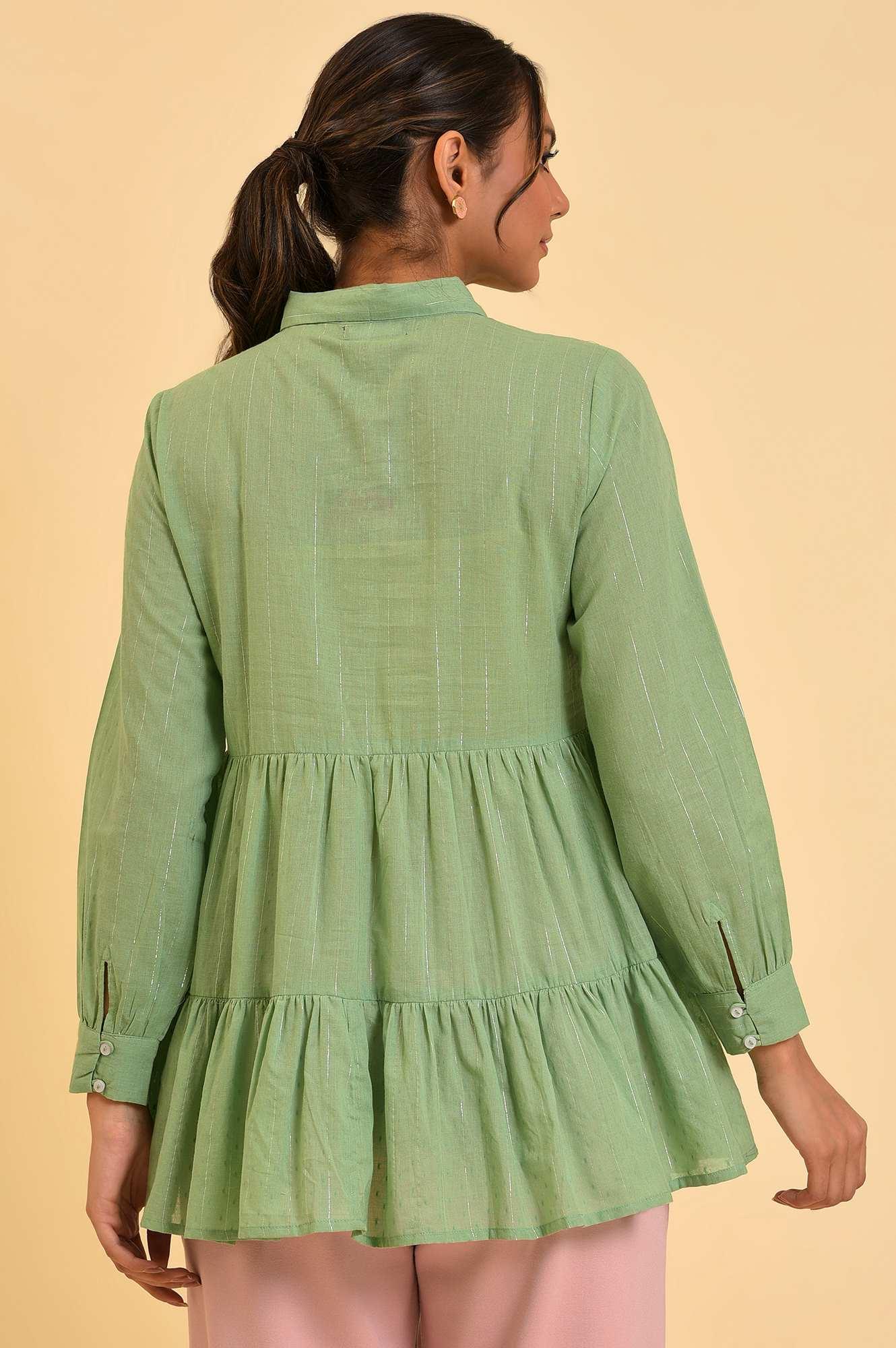 Green Lurex Stripes Embroidered Tiered Top - wforwoman