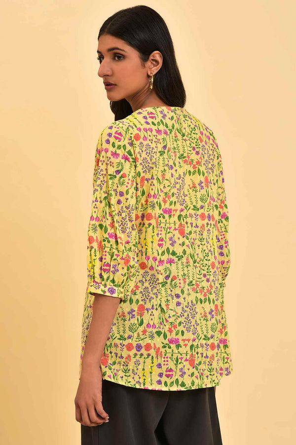 Yellow Floral Printed Top With Thread Embroidery