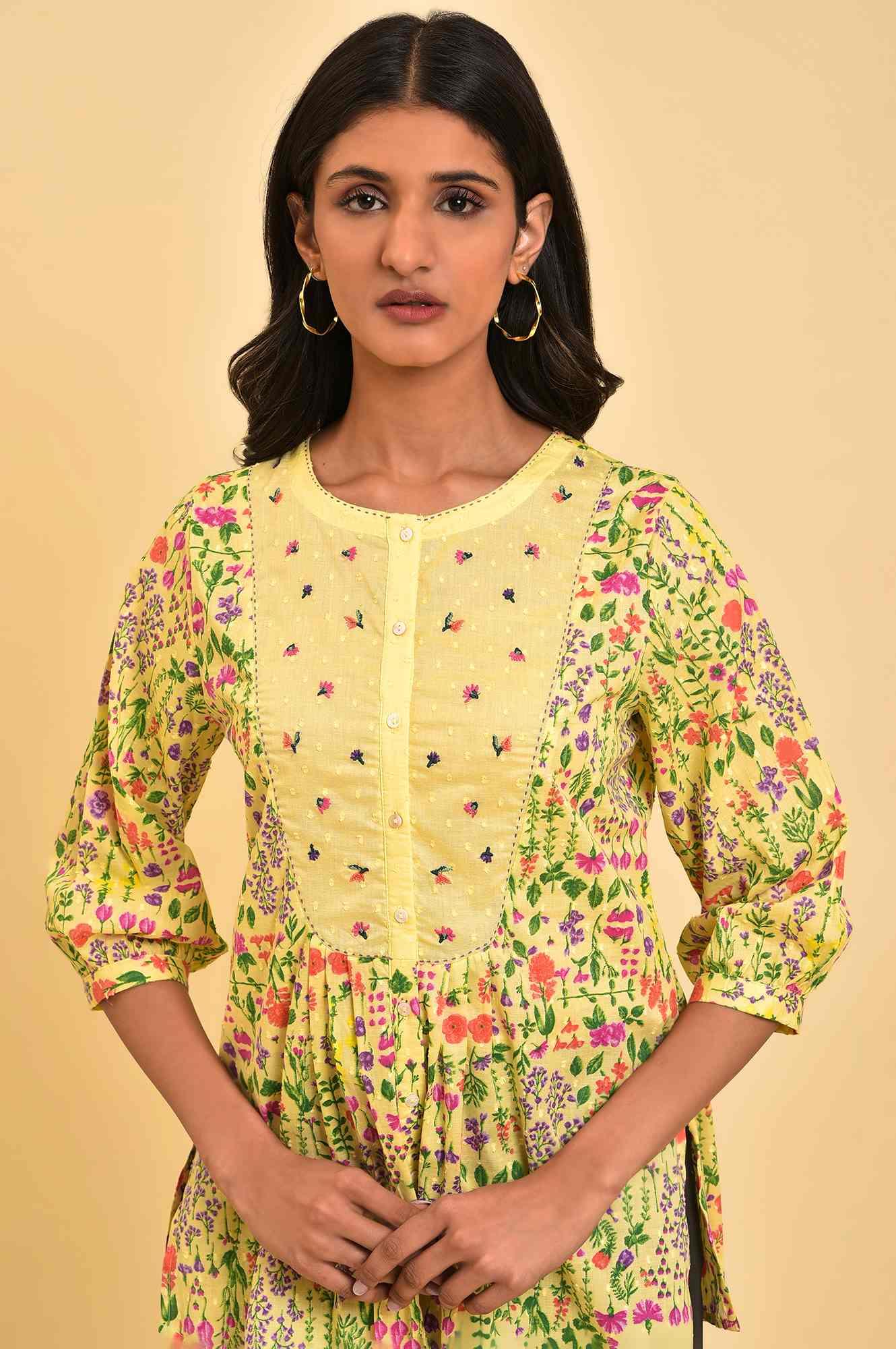 Yellow Floral Printed Top With Thread Embroidery - wforwoman