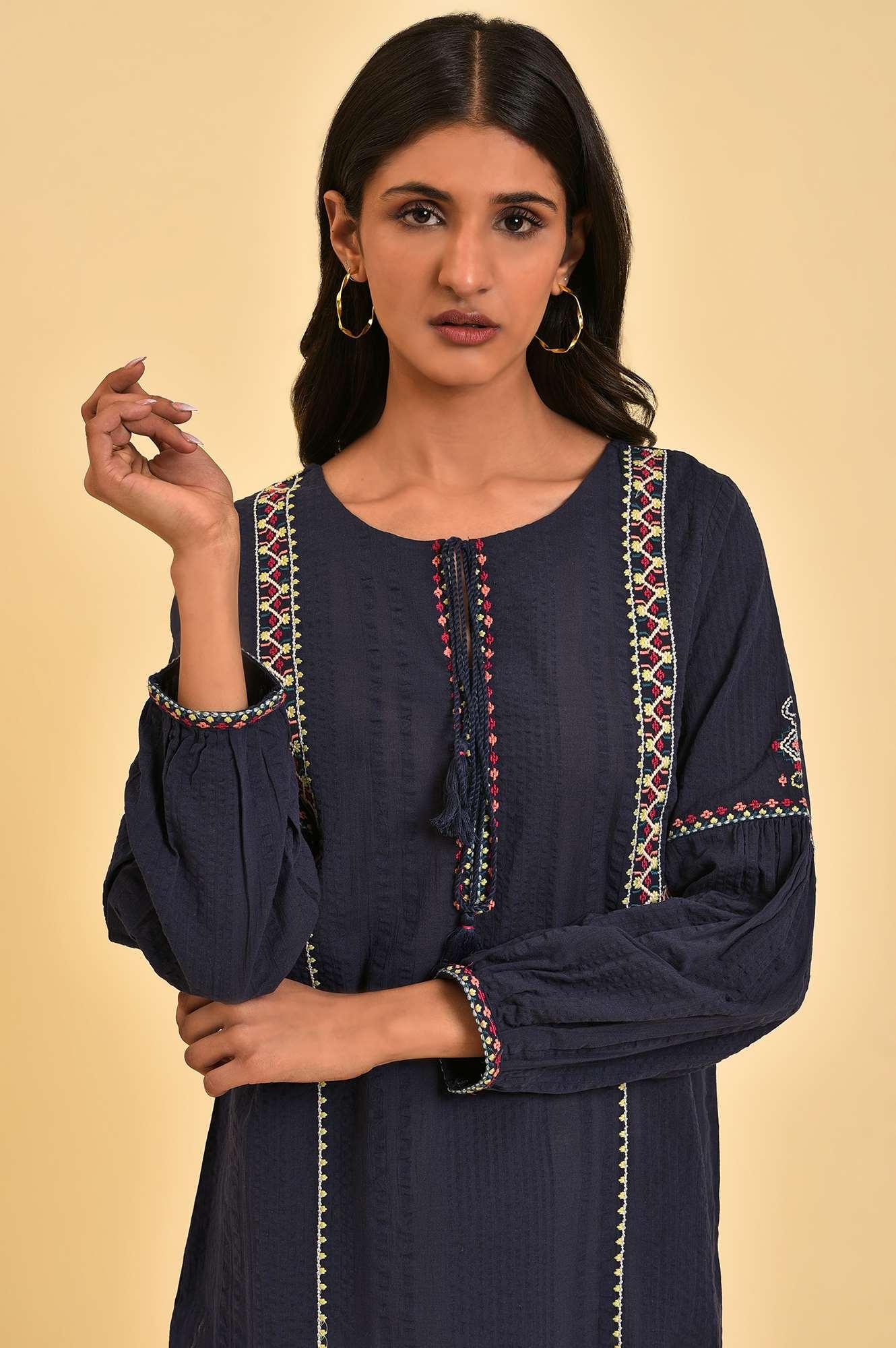 Navy Embroidered A-Line Western Top - wforwoman