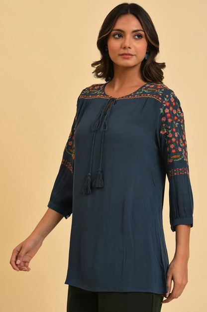 Blue Thread Embroidered Western Top - wforwoman