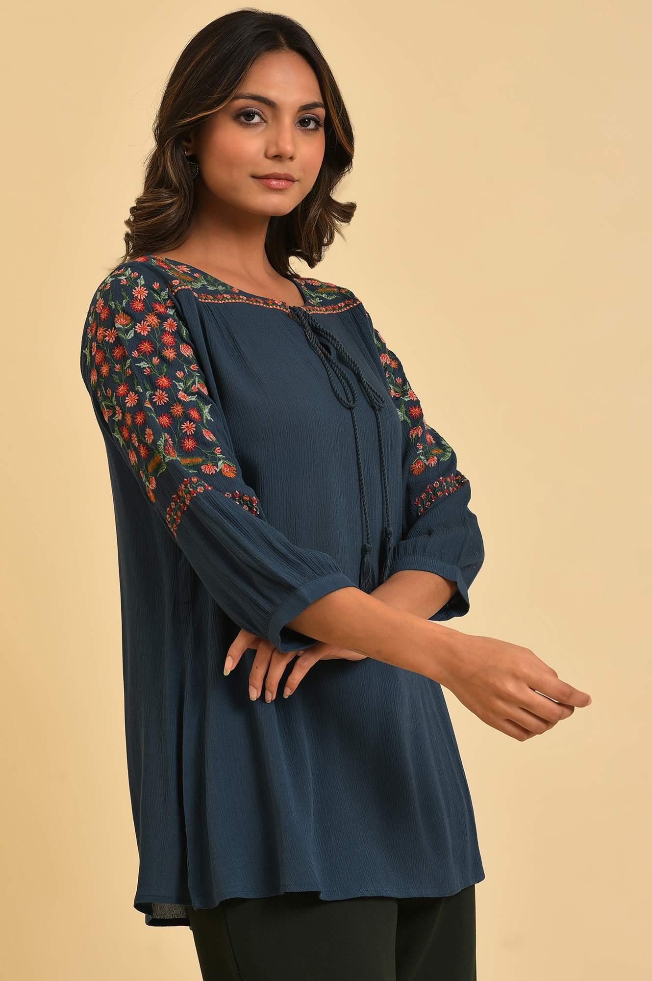 Blue Thread Embroidered Western Top - wforwoman