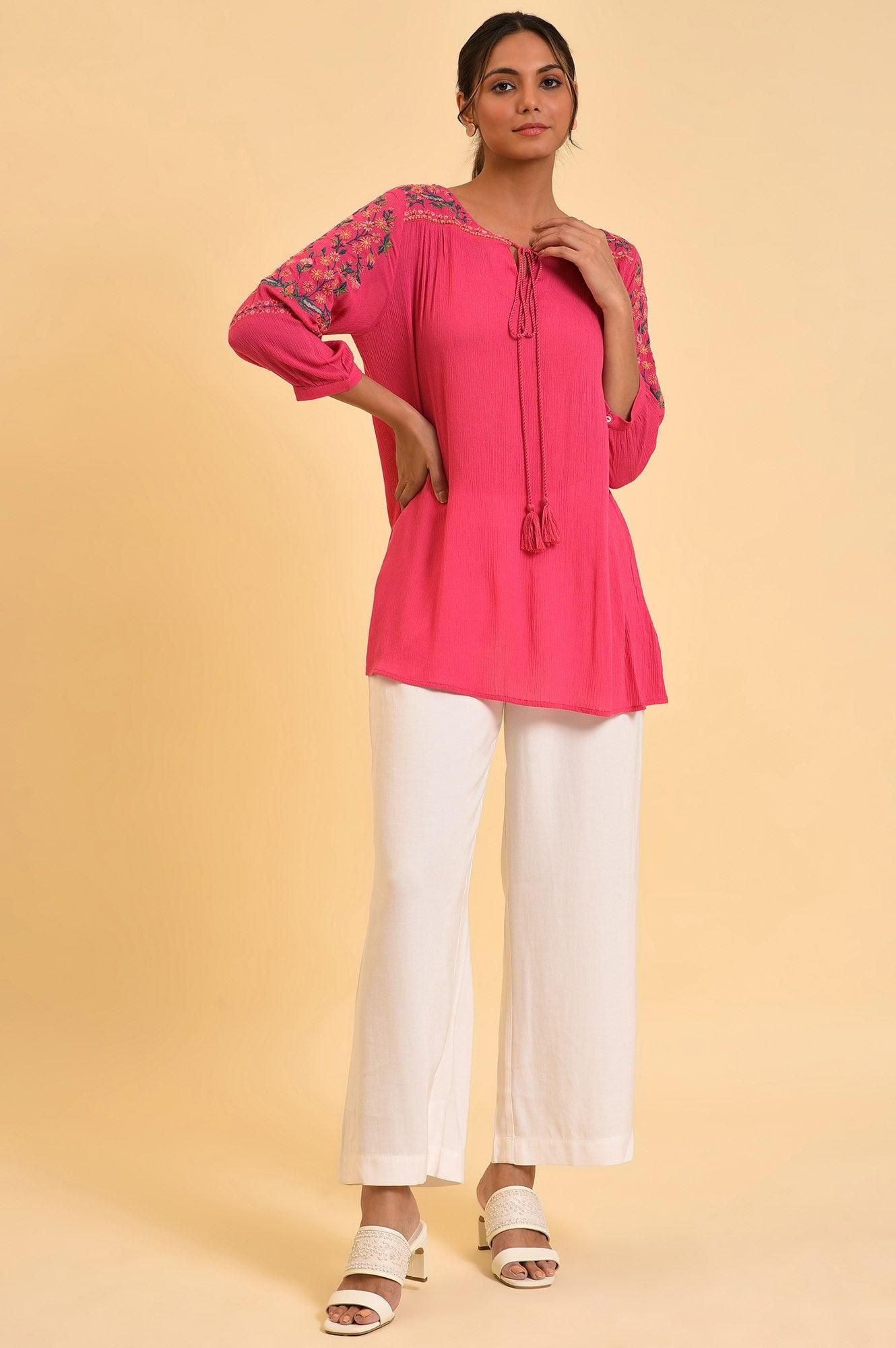 Pink Embroidered Flared Top - wforwoman