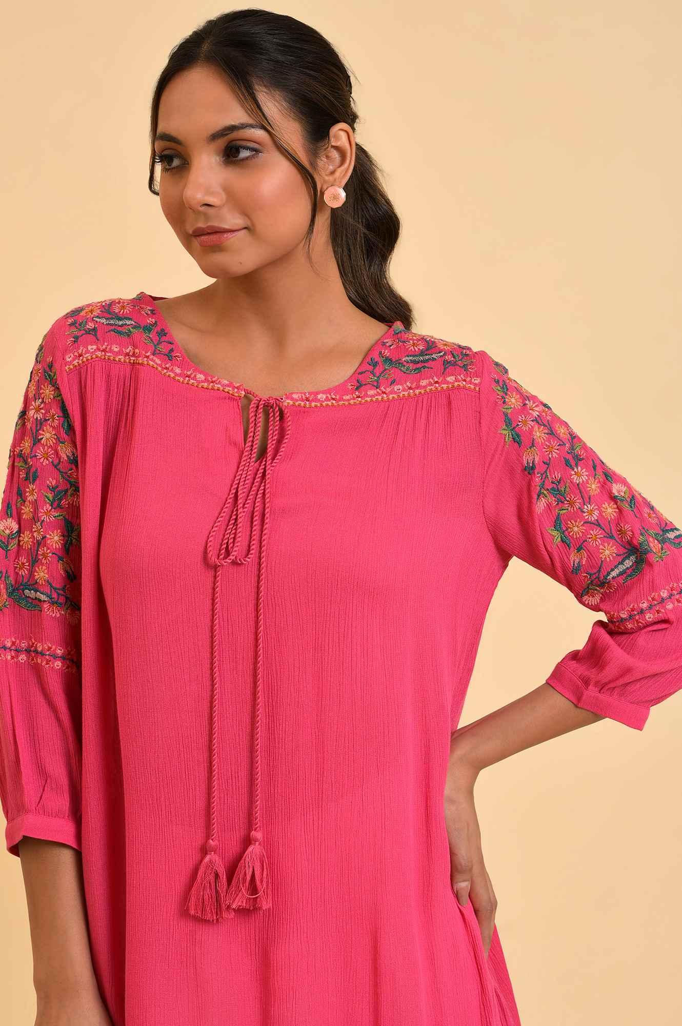 Pink Embroidered Flared Top - wforwoman