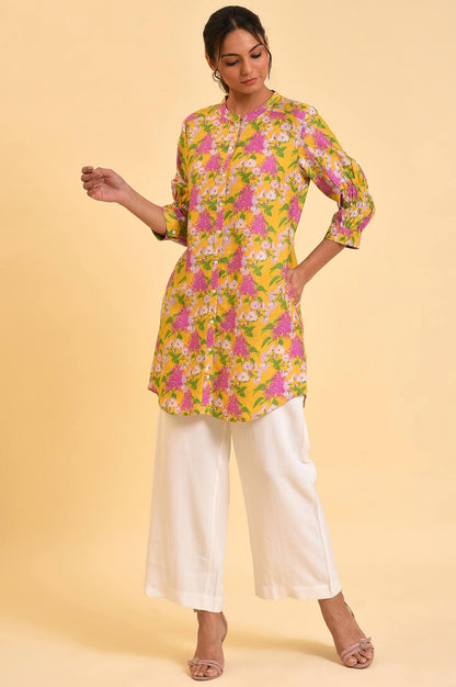 Yellow Floral Printed Button Down Tunic - wforwoman