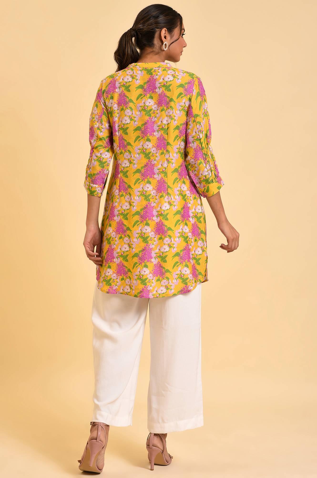 Yellow Floral Printed Button Down Tunic - wforwoman