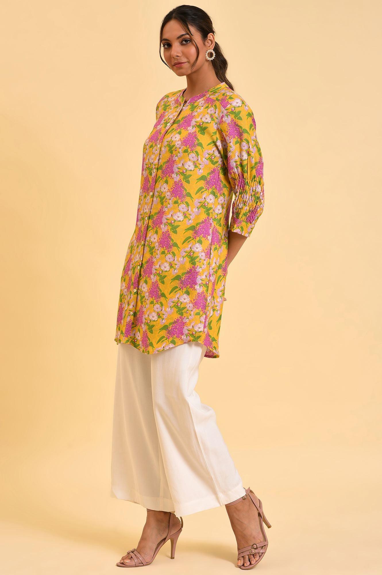 Yellow Floral Printed Button Down Tunic - wforwoman