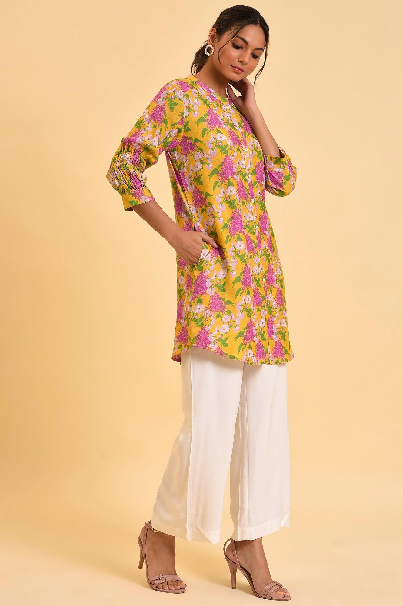 Yellow Floral Printed Button Down Tunic - wforwoman