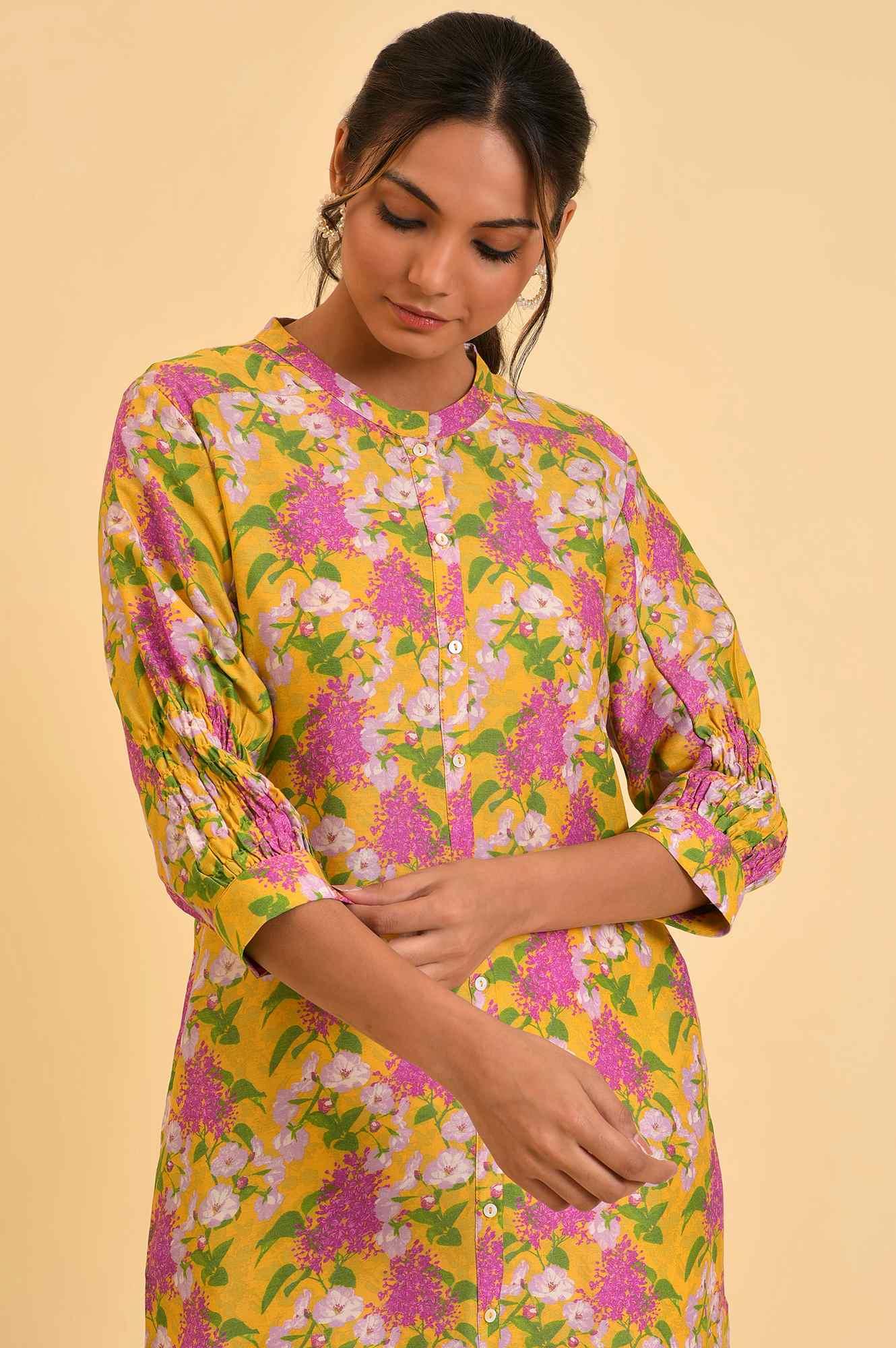 Yellow Floral Printed Button Down Tunic - wforwoman