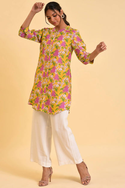 Yellow Floral Printed Button Down Tunic - wforwoman