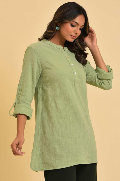 Green Solid Cotton Casual Top - wforwoman