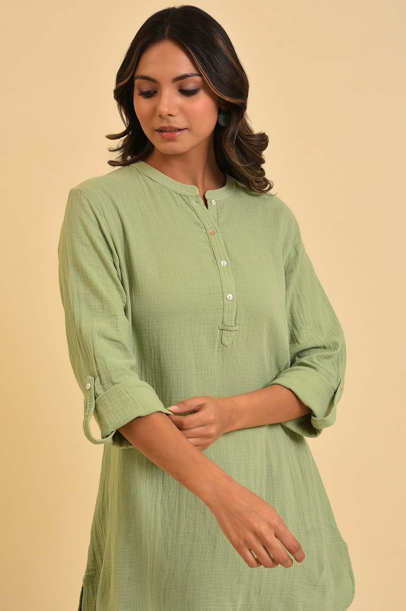 Green Solid Cotton Casual Top - wforwoman