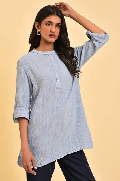 Blue Solid Cotton Casual Top - wforwoman