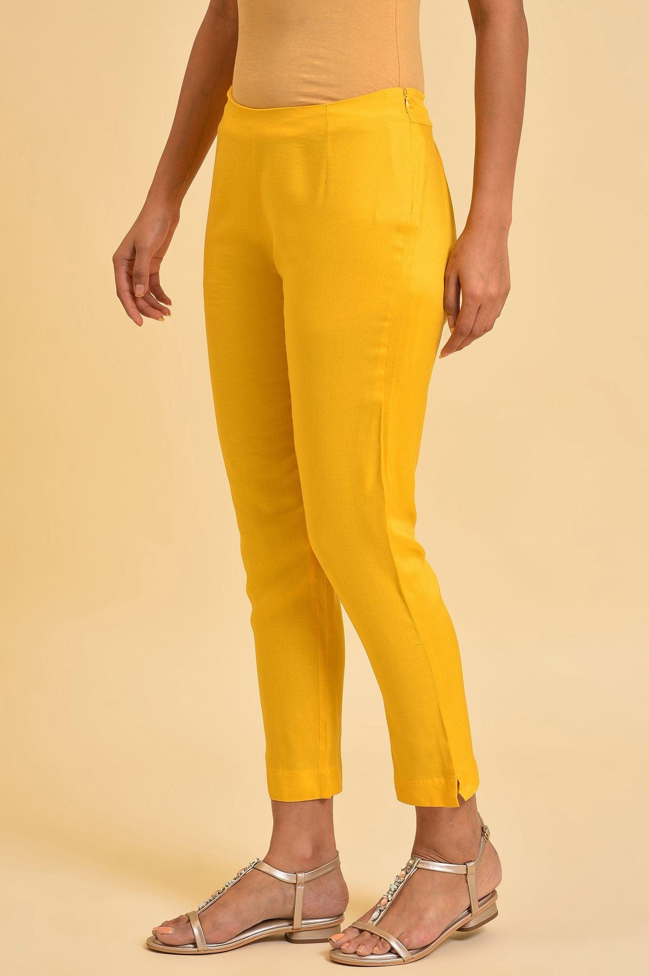 Yellow Solid Straight Slim Pants - wforwoman