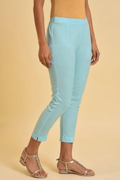 Blue Solid Cotton Flax Slim Pants - wforwoman