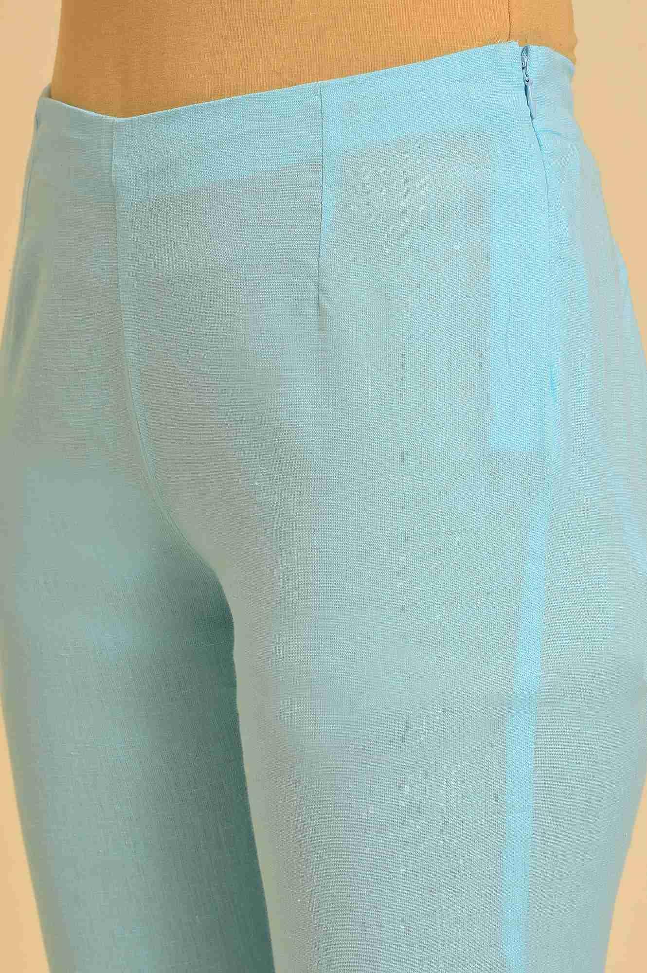 Blue Solid Cotton Flax Slim Pants - wforwoman
