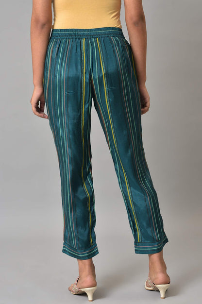 Teal Multi-Coloured Stripe Print Plus Size Pants - wforwoman