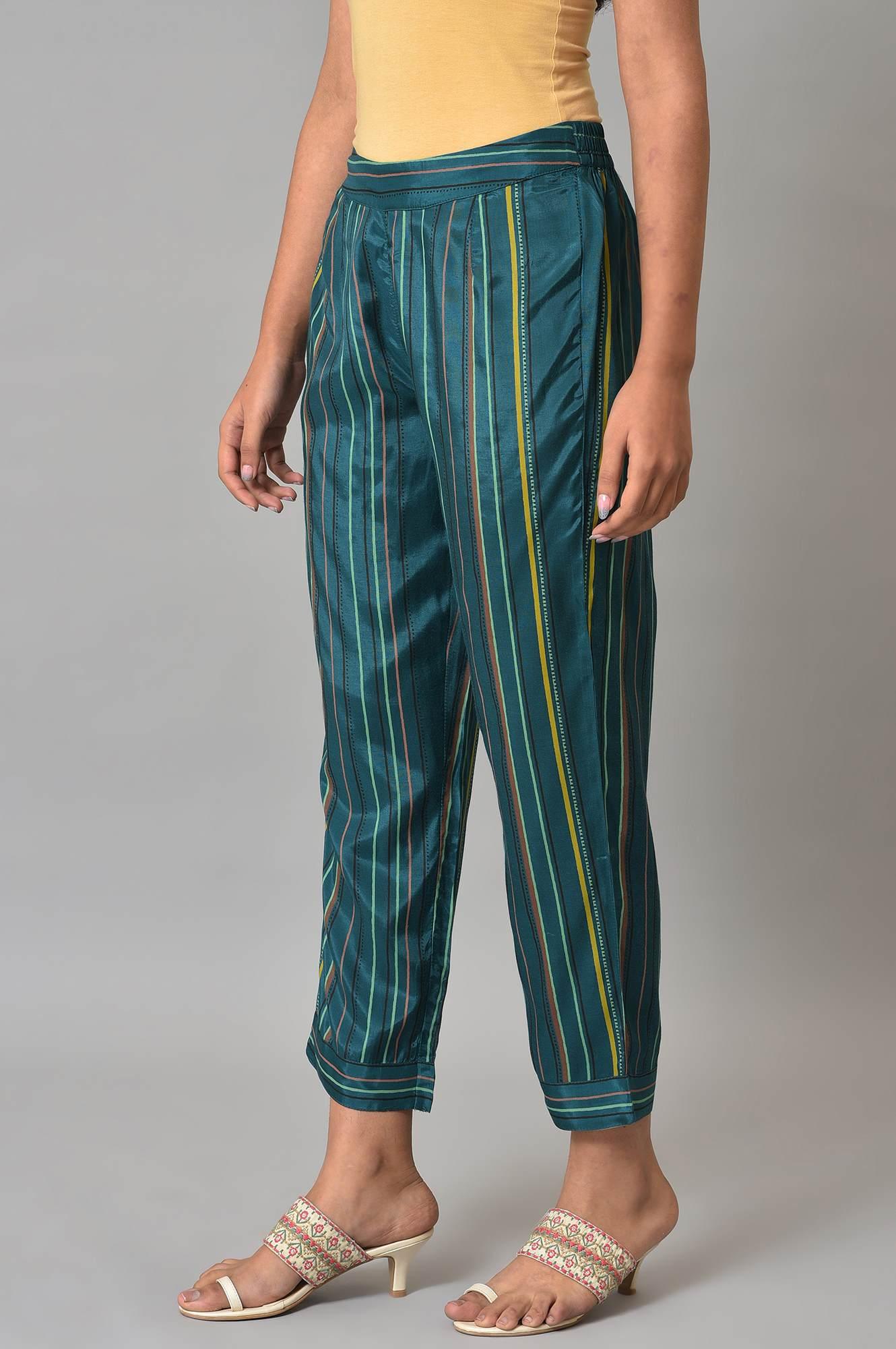 Teal Multi-Coloured Stripe Print Pants - wforwoman