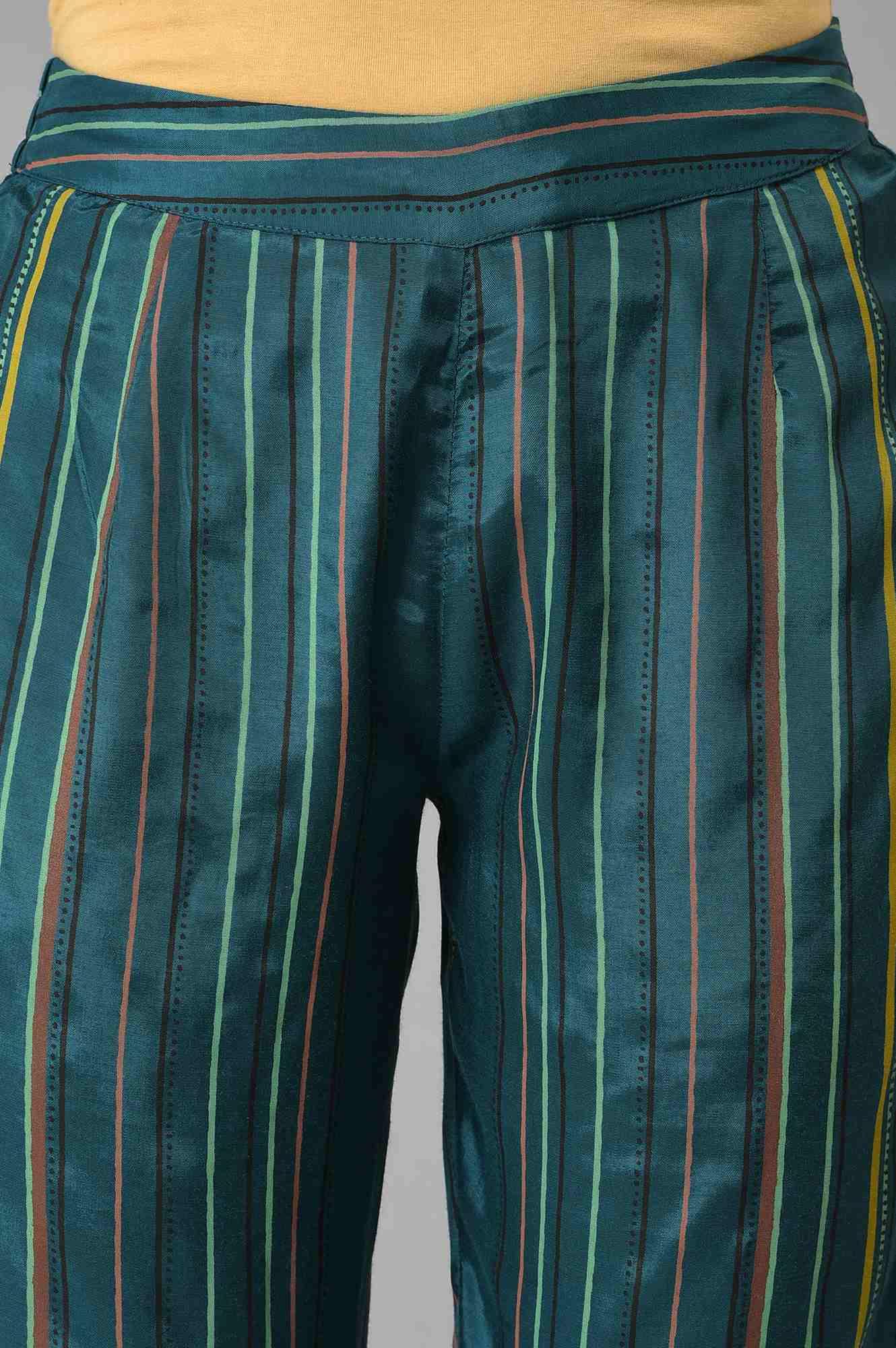 Teal Multi-Coloured Stripe Print Plus Size Pants - wforwoman