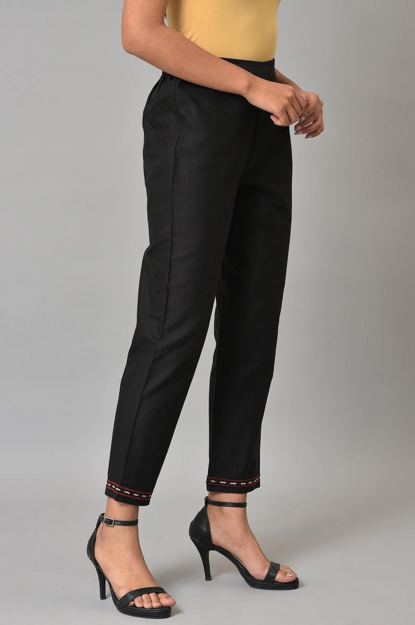 Black Slim Pants With Embroidery At Hemline - wforwoman