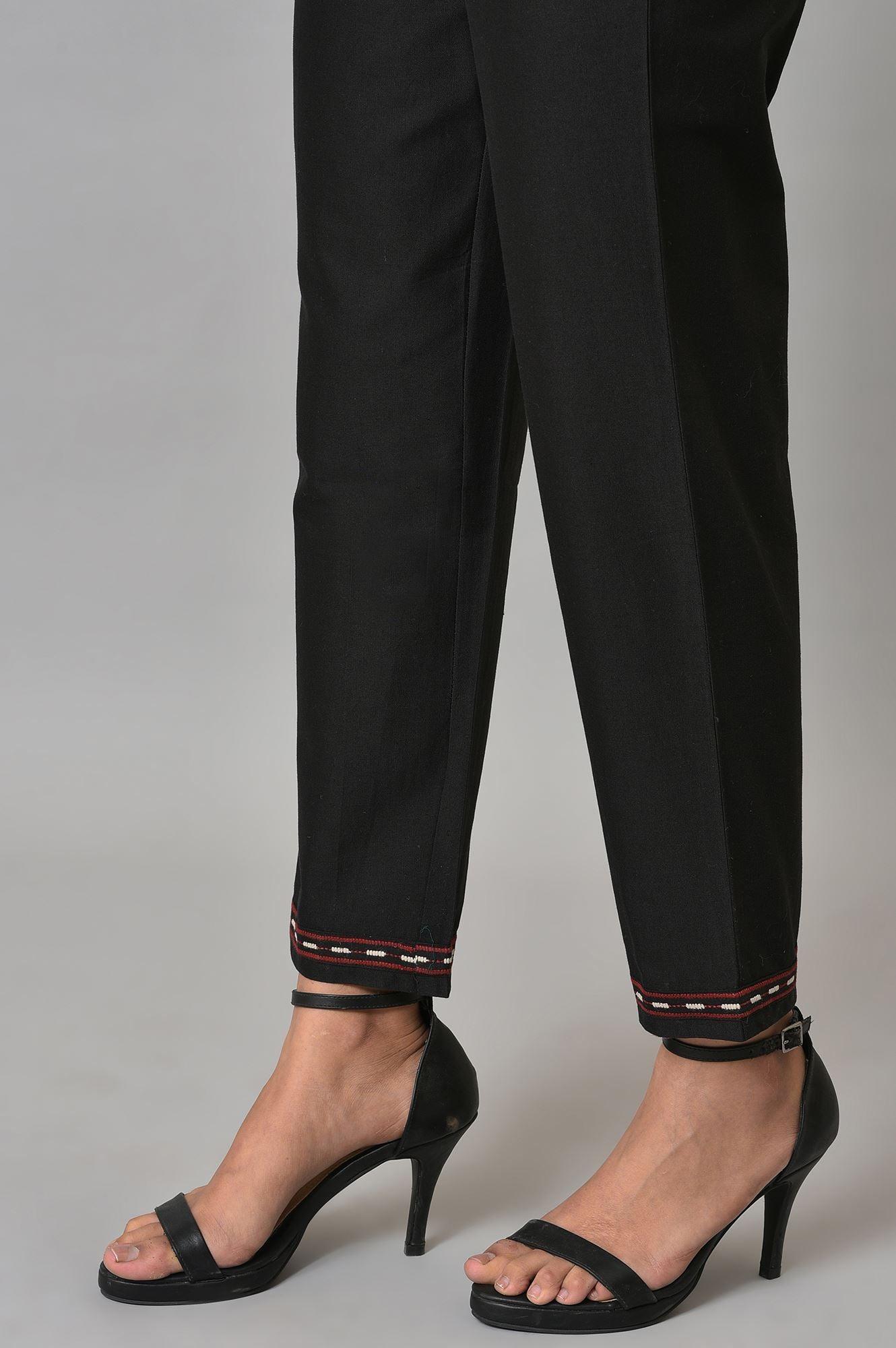 Plus Size Black Slim Pants With Embroidery At Hemline - wforwoman