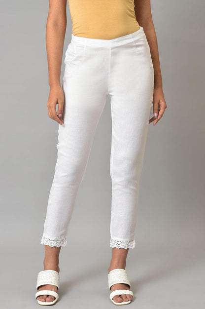 Plus Size White Slim Pants With Lace Detail - wforwoman