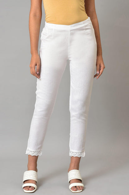 White Slim Pants With Lace Detail - wforwoman