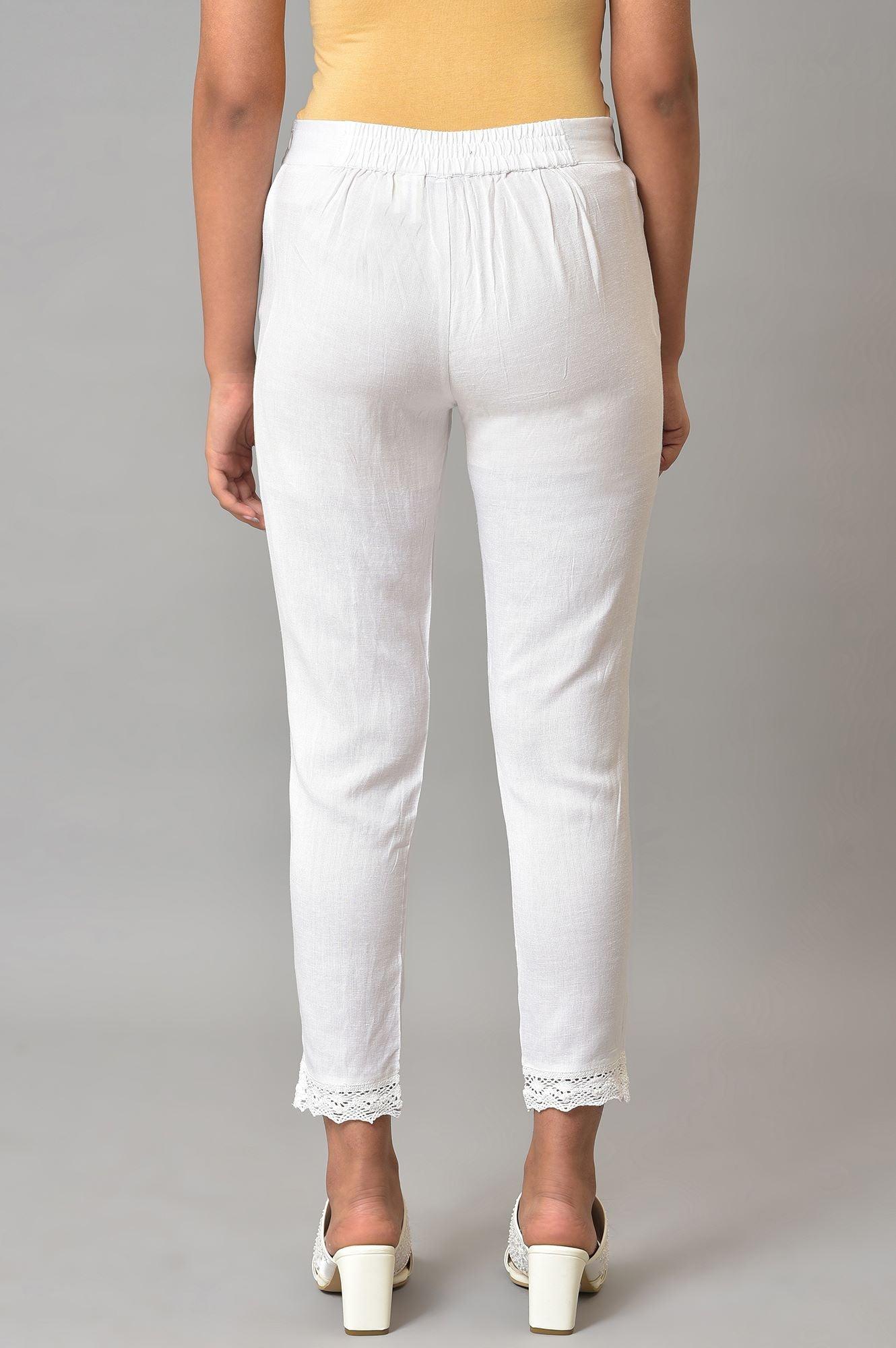 Plus Size White Slim Pants With Lace Detail - wforwoman