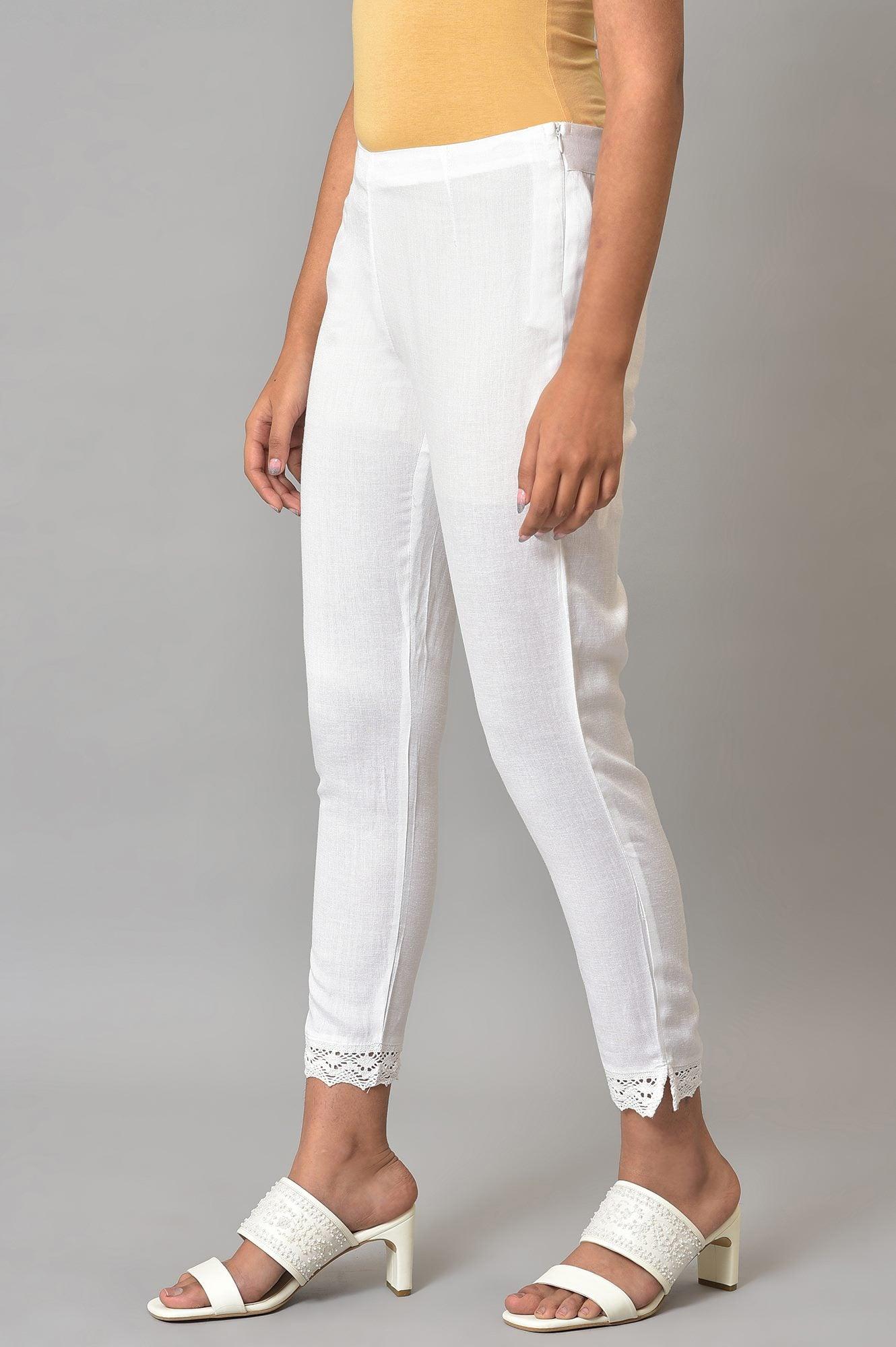 Plus Size White Slim Pants With Lace Detail - wforwoman